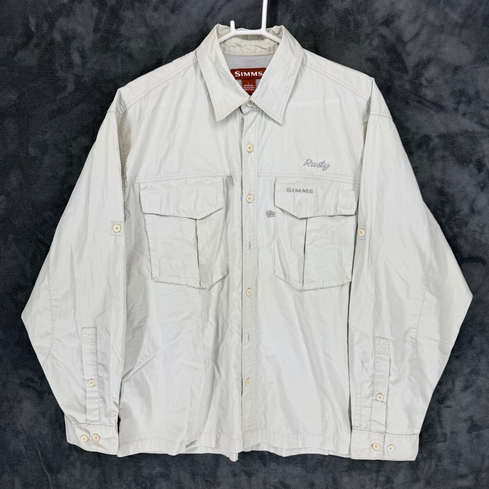 Simms Fishing Shirt Mens Large Light Gray Rusty Embroidered Vented Button EUC